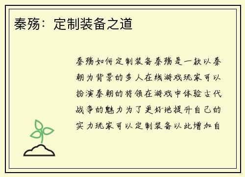 秦殇：定制装备之道